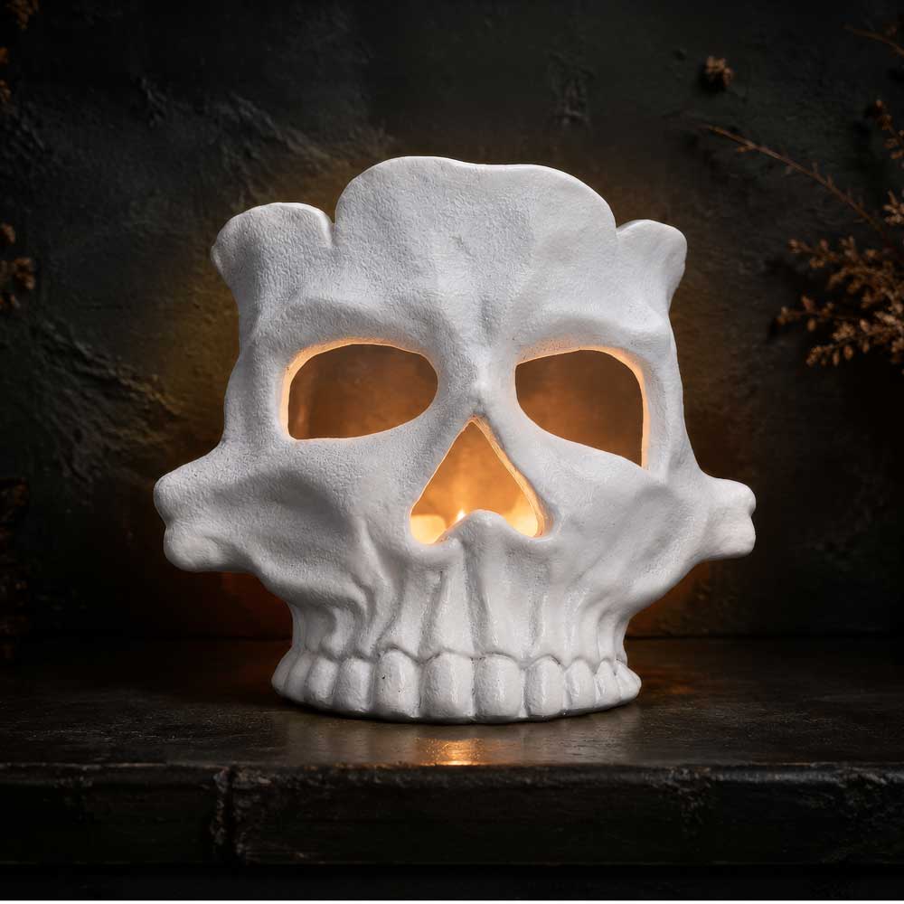 Skull Tea Light Holder in White 11.8cm