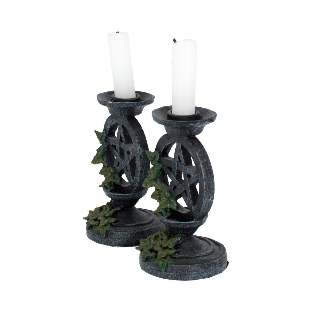 Pair of Aged Ivy Pentagram Candlesticks Gothic Candle Holders
