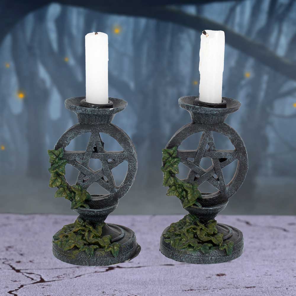 Pair of Aged Ivy Pentagram Candlesticks Gothic Candle Holders