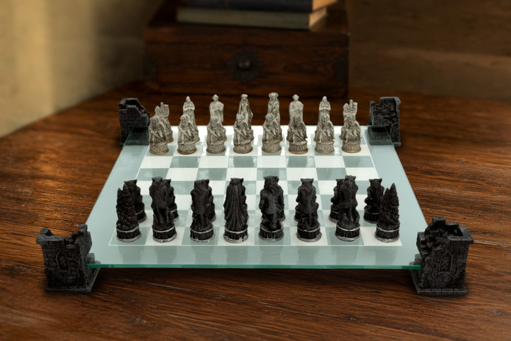 Raised Fantasy Vampire & Werewolf Chess Set With Corner Towers 43cm