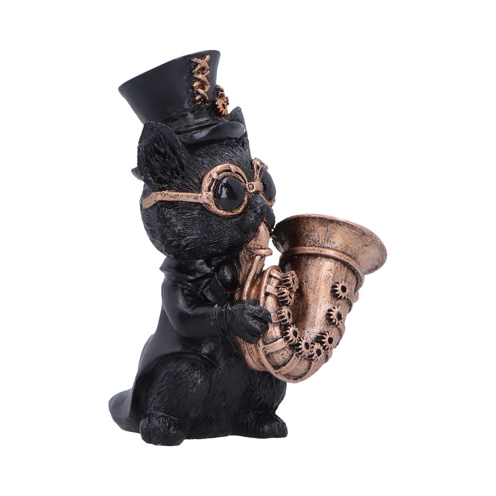 Steampunk Black Cat Playing Horn Figurine 10cm