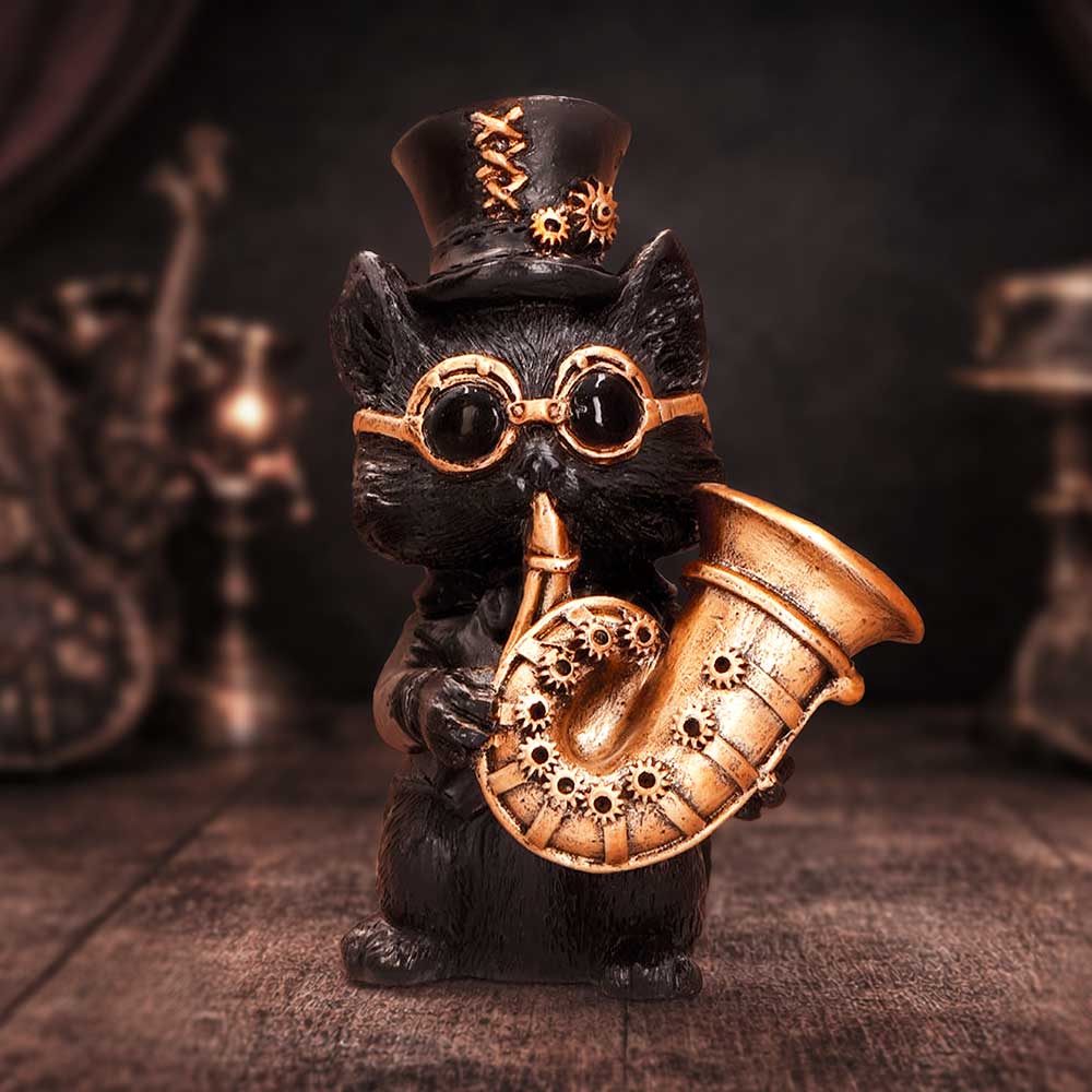 Steampunk Black Cat Playing Horn Figurine 10cm