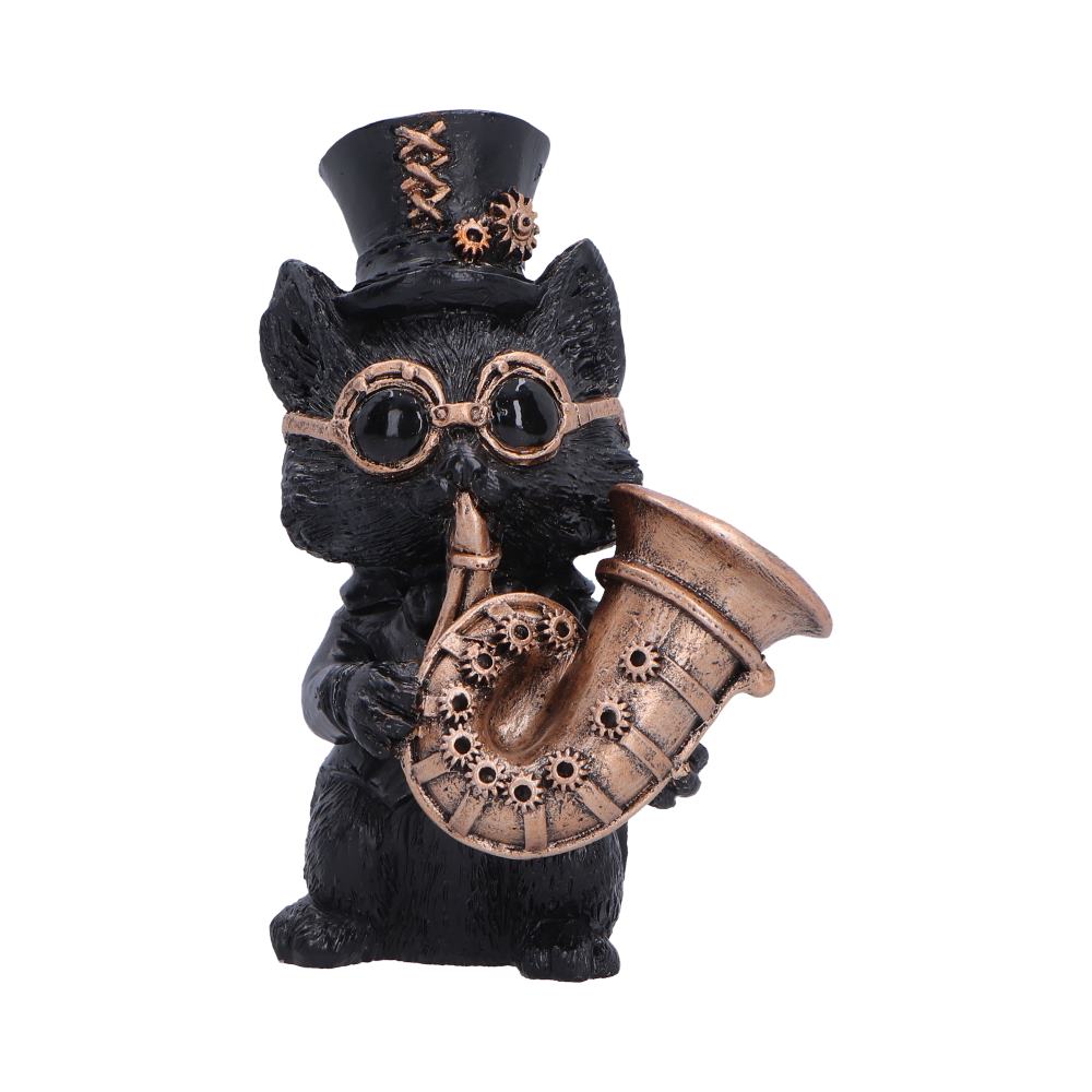 Steampunk Black Cat Playing Horn Figurine 10cm